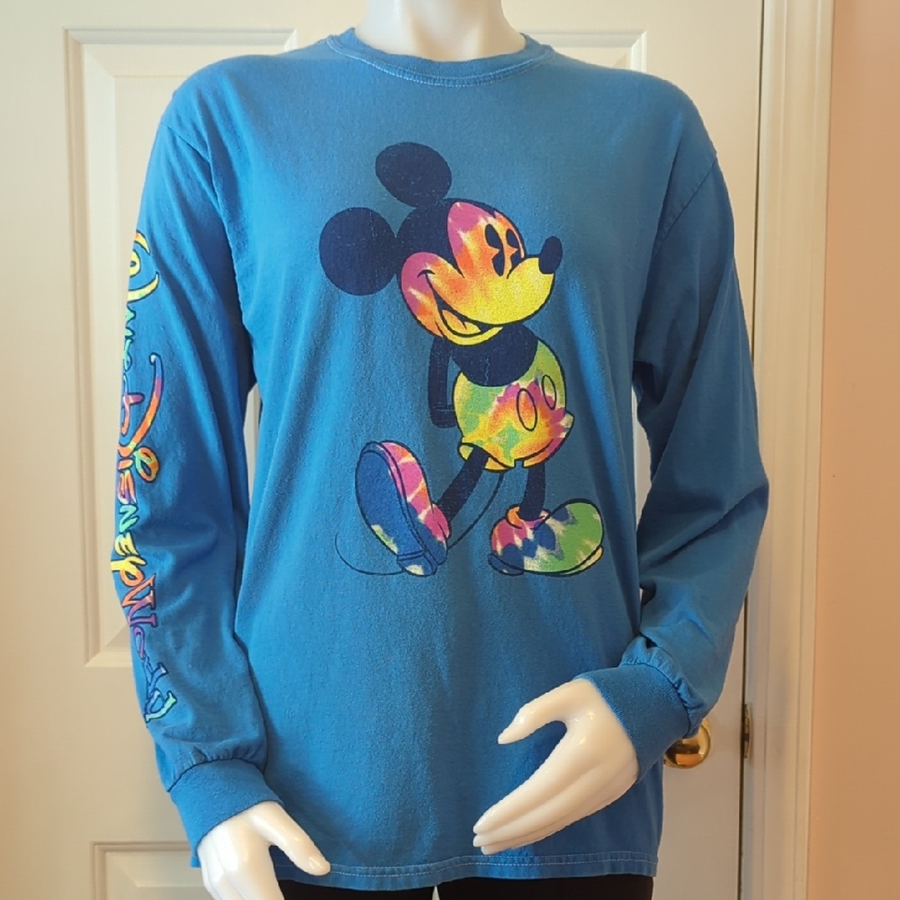 Disney Mickey Mouse Blue And Tie Dye Long Sleeve Tee Women's Size M
